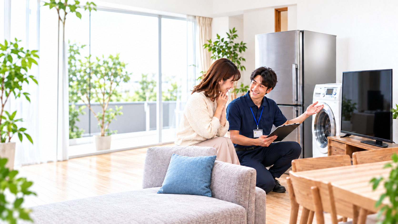 ご自宅のリビングで冷蔵庫・洗濯機・テレビを前に査定内容をご説明するグッドサービスのスタッフとお客様
